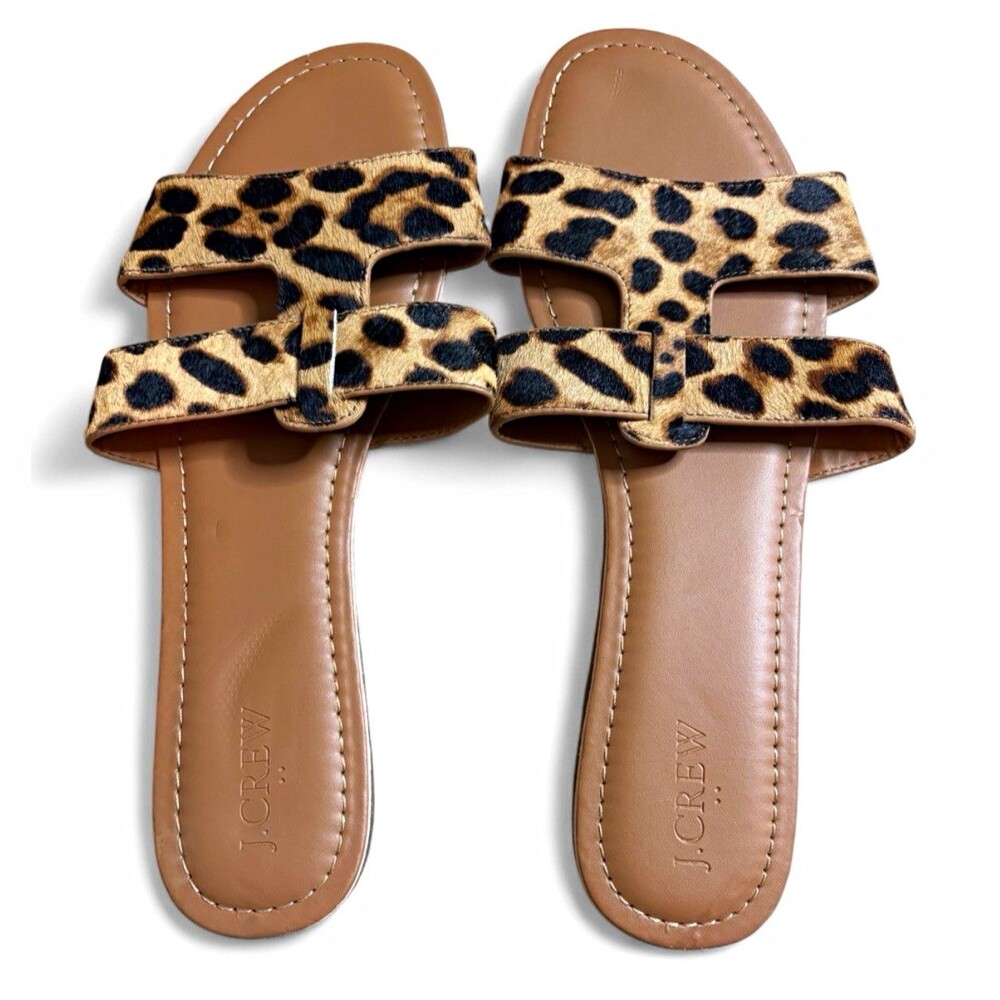 J.Crew NWT Leopard Print Calf Hair Beachside H-Strap Slide Sandals Size 12